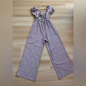 Rewind Purple Floral Puff Sleeve Wide-Leg Jumpsuit Tie Smocked Back 1Piece Large